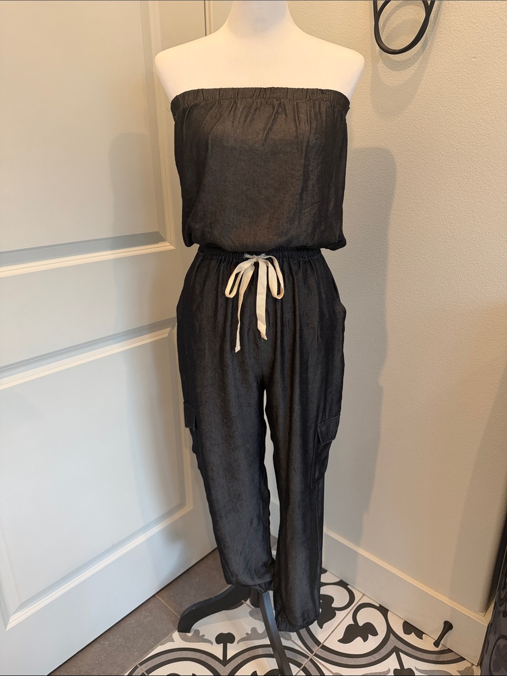 Strapless Black Jumpsuit with Drawstring Waist